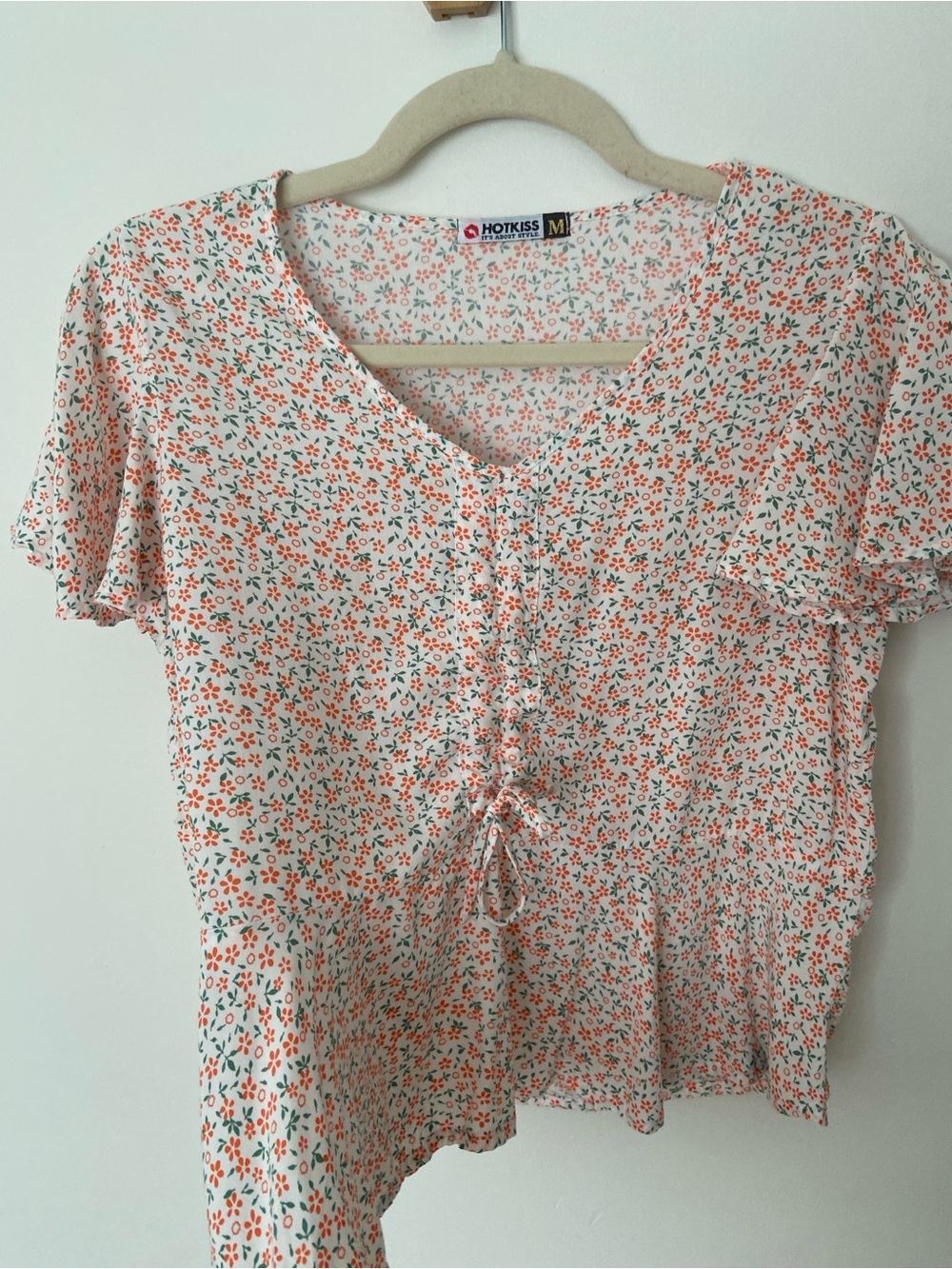 Vintage Y2K Hotkiss Ditsy Floral Print Short Sleeve Blouse Orange Cream size Med